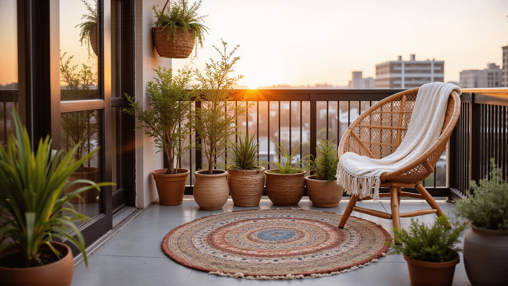 "Bohemian styled urban balcony with rattan chair, macramé decor, geometric rugs, and hanging plants during sunset"