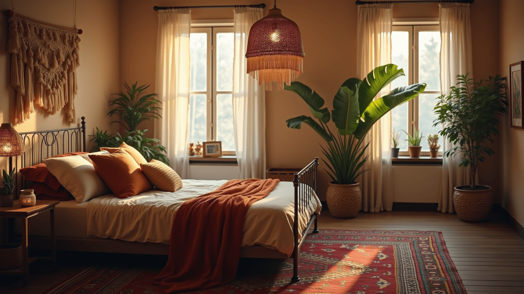 "Bohemian bedroom with warm lighting, wrought iron bed, macramé wall hanging, vintage Persian rugs, rattan pendant light and a monstera plant"