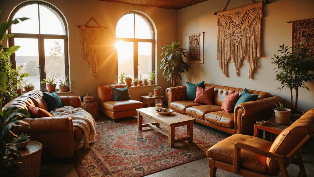 "Bohemian living room with vintage leather sofa, jewel-toned pillows, Persian rugs, rattan furniture, macramé wall hangings, indoor plants, and warm golden sunset light."