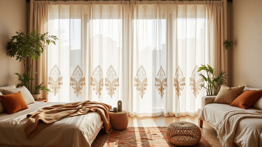 "Sunlit Bohemian bedroom with ivory curtains, rattan furniture, Moroccan rugs, and indoor plants"