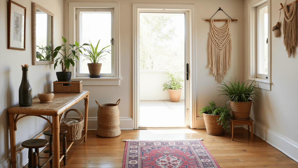 "Bohemian entryway with rattan console, macramé wall art, vintage Persian runner, and plants in golden morning light."