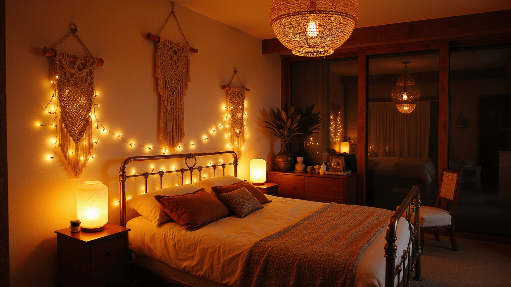 "Bohemian bedroom with rattan pendant lamps, fairy lights, Himalayan salt lamps, and macramé wall hangings during golden hour"