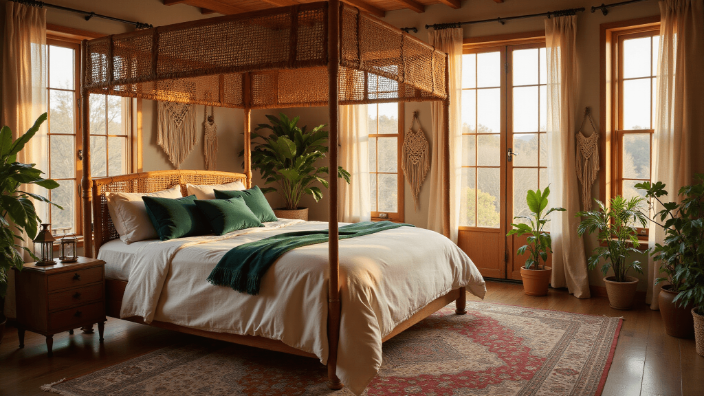 "Bohemian bedroom with rattan bed, pink bedding, vintage rugs, macramé wall hangings and plants in golden hour light"