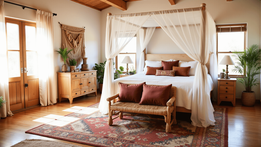 "Bohemian bedroom with draped canopy bed, vintage rugs, velvet pillows and brass accents in golden hour light"