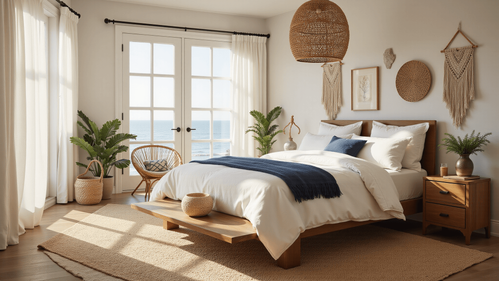 "Boho coastal bedroom with layered white linen bedding, rattan textures, potted palms, and warm, golden hour lighting"