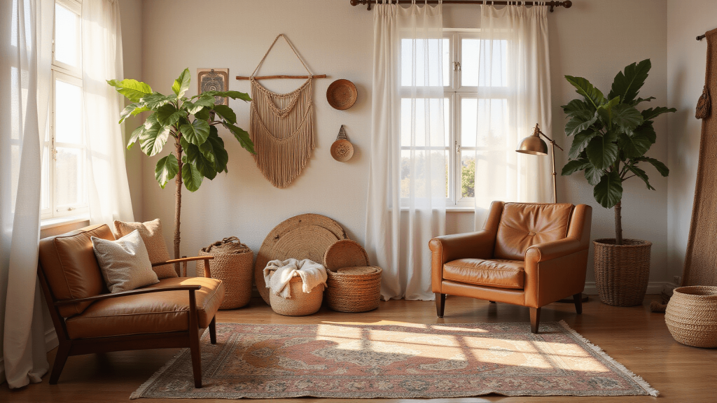 "Bohemian style living room with vintage leather armchair, white curtains, layered rugs and fiddle leaf fig plant bathed in golden hour light"