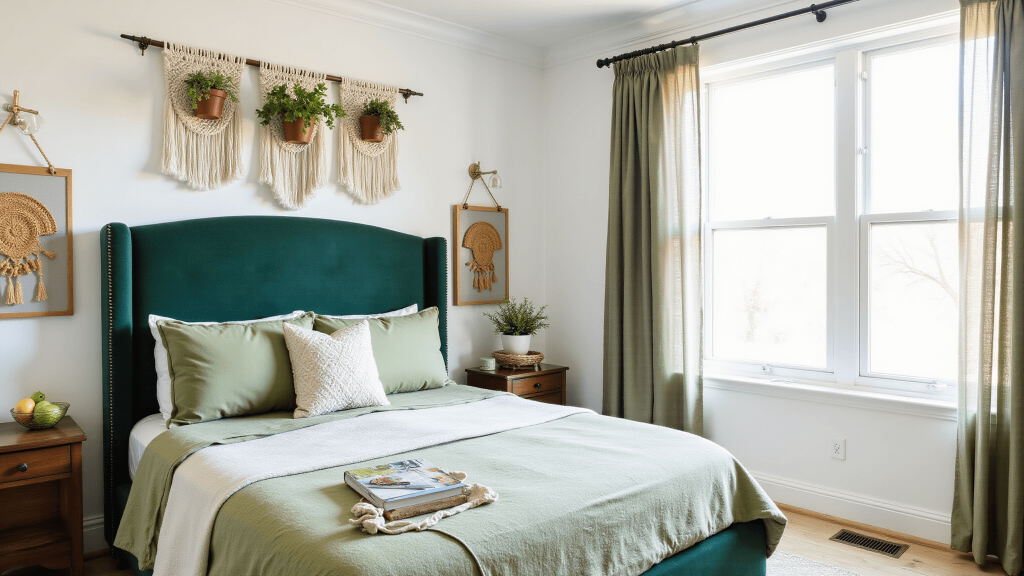 "Green boho bedroom with an emerald velvet headboard, sage linens, macrame wall hangings, potted plants and rattan accents in natural sunlight through sheer curtains"