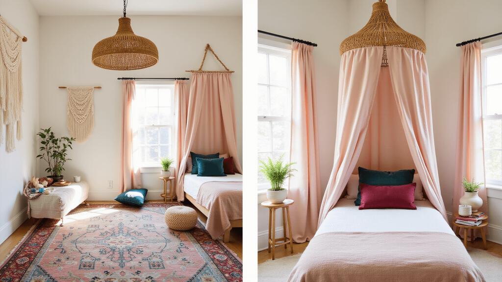 "Sunlit boho kids' bedroom with rattan canopy bed, pink curtains, Persian rug, macrame wall hangings, and potted plants"