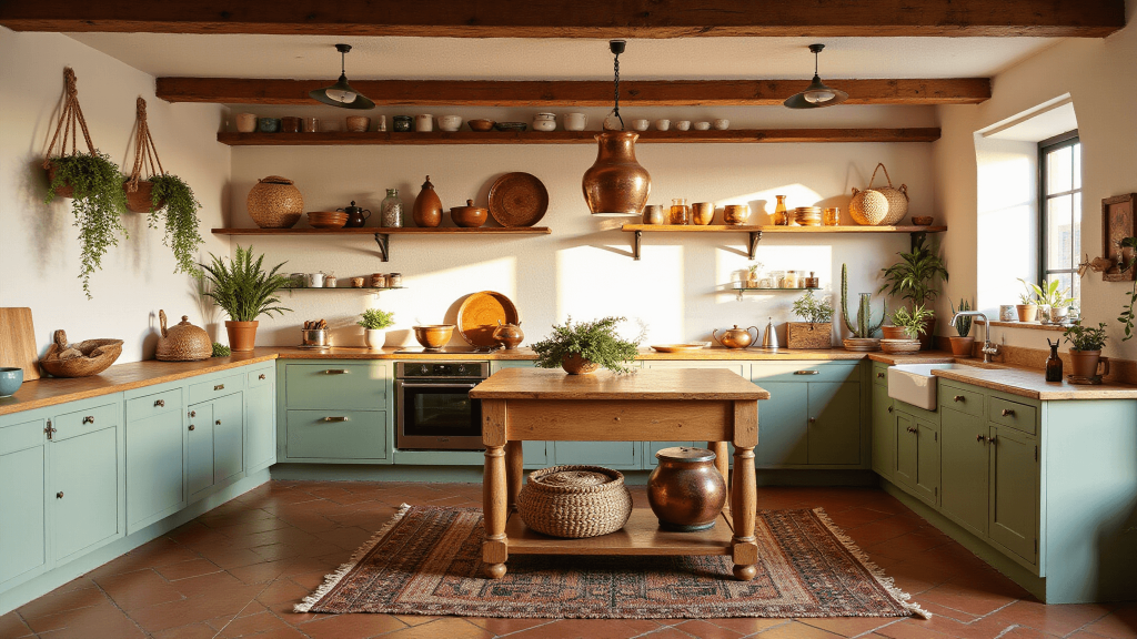 "Bohemian kitchen interior with sage green cabinets, terracotta tiles, rustic wooden island, vintage copper pots, macramé plant hangers, kilim rug, Moroccan lanterns, and ceramics on open shelves bathed in warm golden hour sunlight."