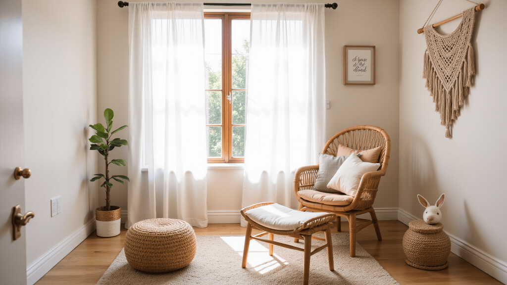 "Boho style nursery with natural wood crib, macrame wall hanging, rattan chair and vintage rug, bathed in morning sunlight through sheer curtains creating a dreamy earth-toned atmosphere"
