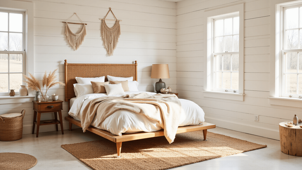 "Sunlit boho-style bedroom with natural textures, rattan headboard, macramé wall hangings and earthy accents"