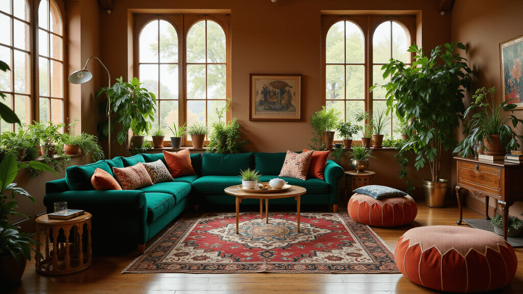 "Sunlit boho-maximalist living room with emerald velvet sofa, vintage Persian rug, Moroccan poufs, brass coffee table and trailing plants near arched windows"