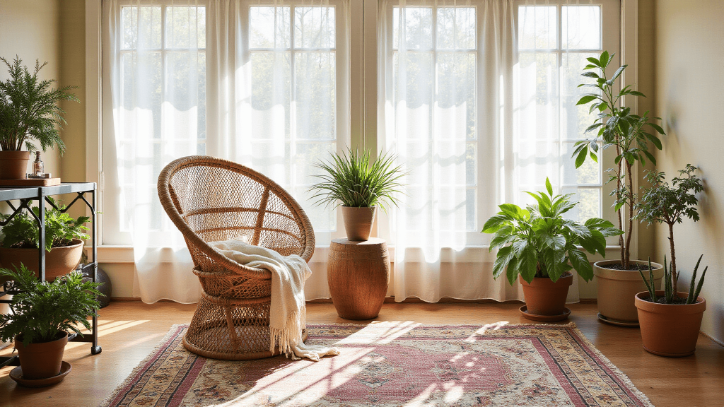 "Boho-style sunroom with rattan peacock chair, vintage rugs, macrame plants, bathed in natural sunlight through sheer curtains in warm, earthy tones during a sunny afternoon."