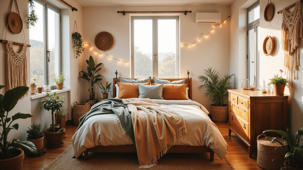 "Cozy bohemian bedroom bathed in sunset light with terracotta and sage bedding, macramé decor, brass accents, potted plants and warm string lights"