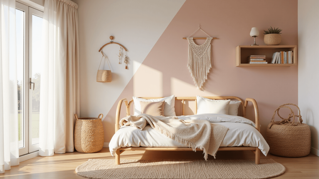 "Sunny toddler bedroom with rattan bed, blush pink wall, macramé hanging, vintage books on floating shelves, and Montessori climbing triangle in corner"