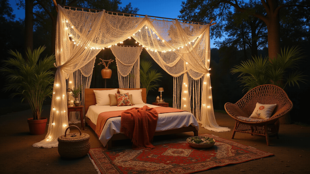 "Boho bedroom at twilight with macrame canopy and curtain lights, vintage rugs, rattan chair, hanging plants and natural textures."