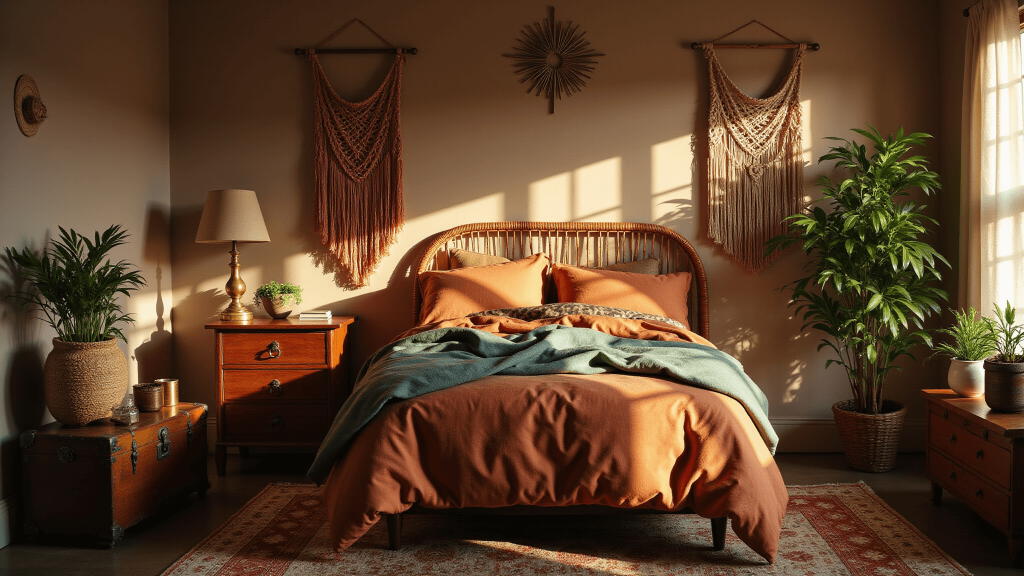 "Boho vintage bedroom with rattan bed, terracotta linens, macramé hangings, and lush plants in warm golden light"