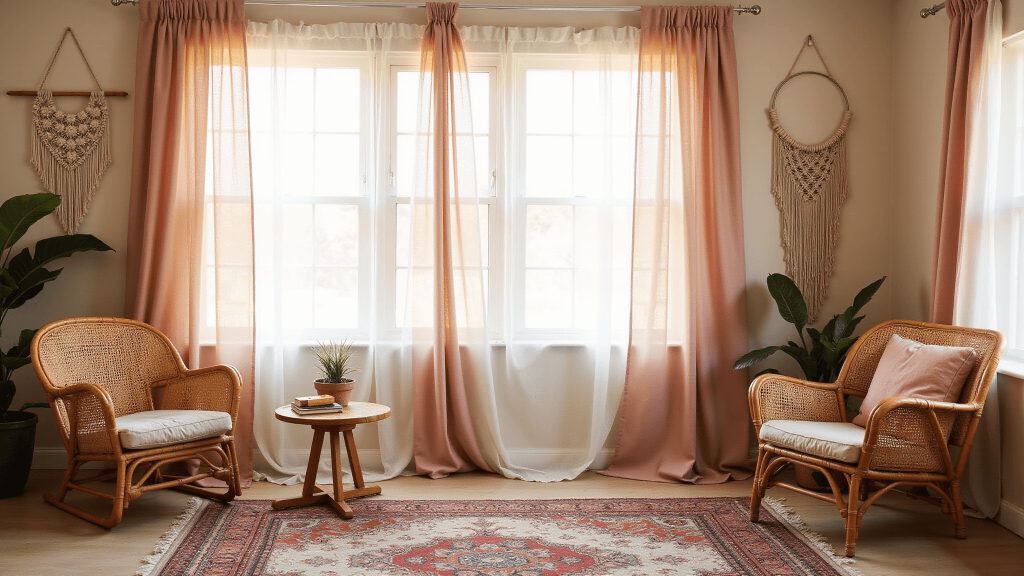 Sunlit bohemian living room with flowing ivory and dusty rose linen curtains, macramé wall hangings, rattan furniture, and a vintage Persian rug.
