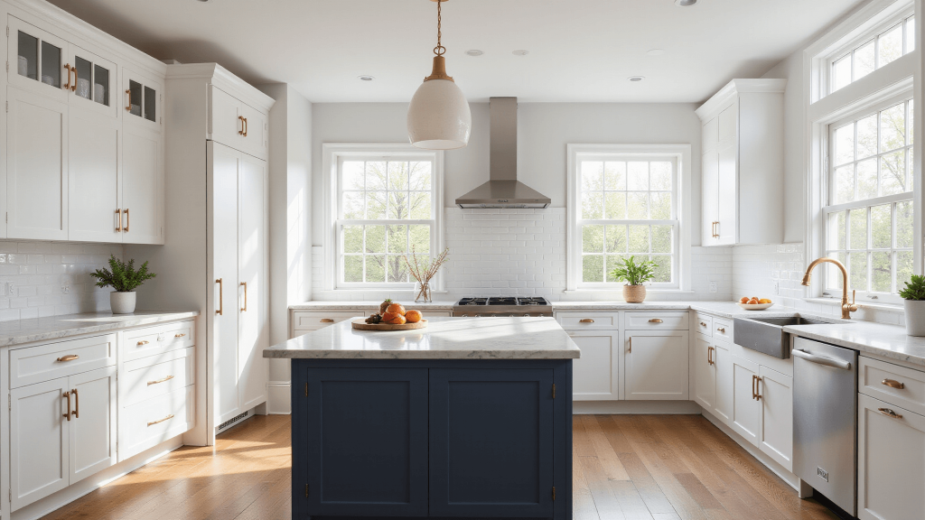 "Bright transitional kitchen with white Shaker cabinets, navy blue island, brass hardware, marble countertops, and maple hardwood floors"
