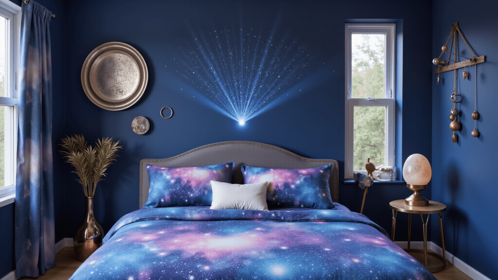 "Dreamy bedroom with midnight blue walls, nebula bedding, star projector lights, celestial wall art, rose gold accents, and a moon lamp"