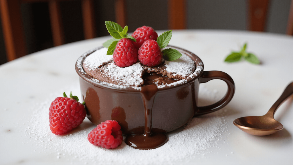 "Steaming chocolate lava mug cake with powdered sugar, fresh raspberries, and mint leaves on a white marble surface, with a vintage copper spoon nearby"