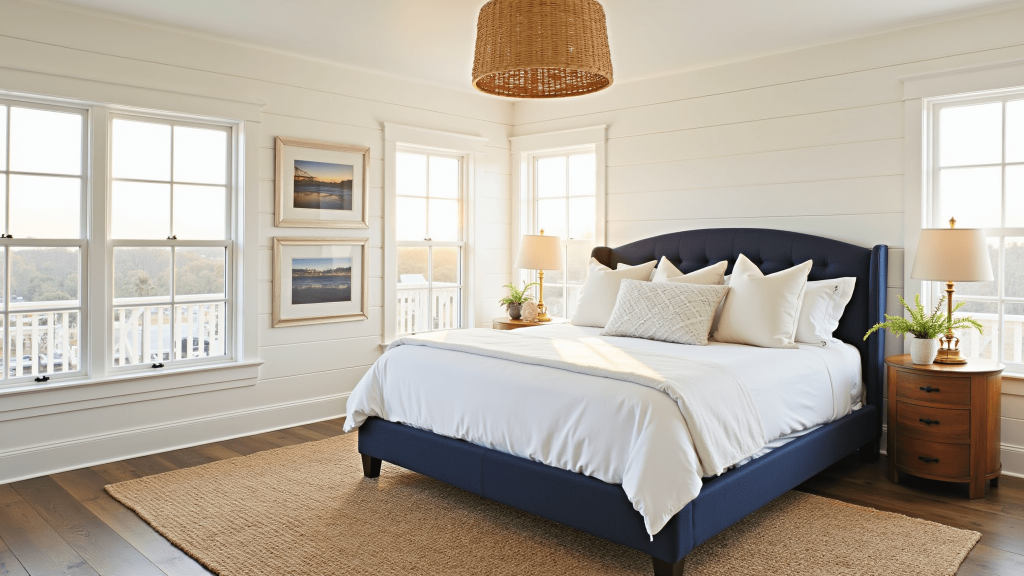 "Coastal chic bedroom with navy bed, white shiplap walls, jute rug, linen bedding, rattan accents, and beach-inspired décor bathed in golden hour lighting"