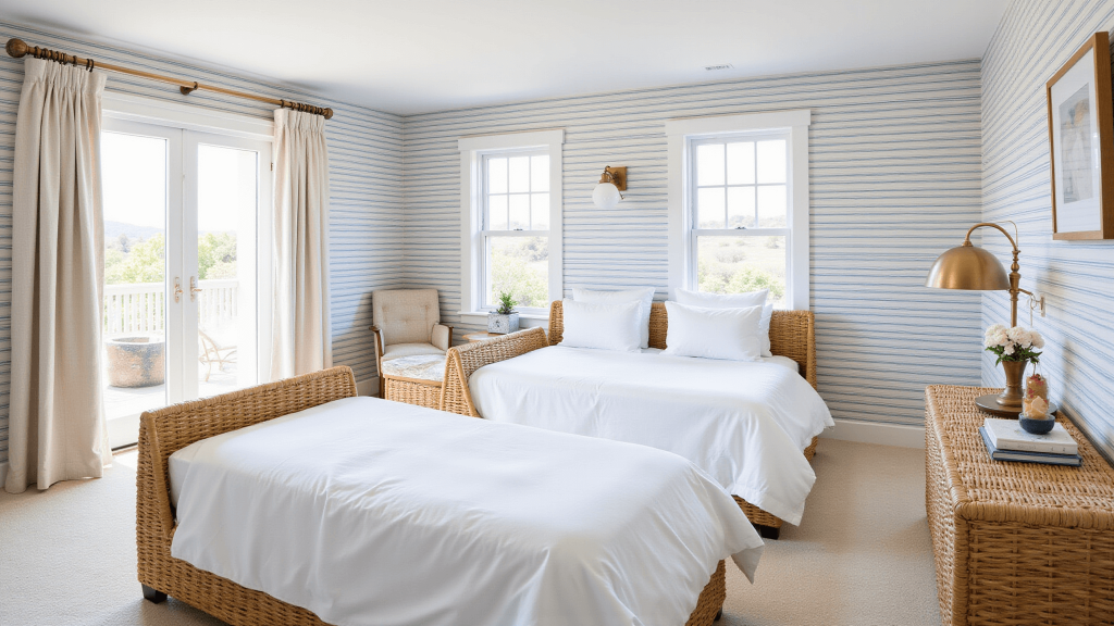 "Bright coastal-themed guestroom with twin rattan beds, navy-striped wallpaper, and brass accents bathed in natural sunlight"