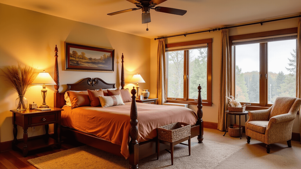 "Rustic master bedroom with rust-colored linens, brass lamp accents, pampas grass decor, and golden hour lighting for a cozy fall atmosphere"