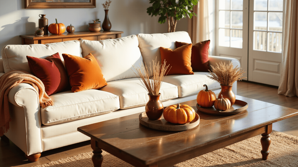 "Cozy autumnal living room with cream sofa, velvet pillows, rustic decor and warm sunlight during golden hour"