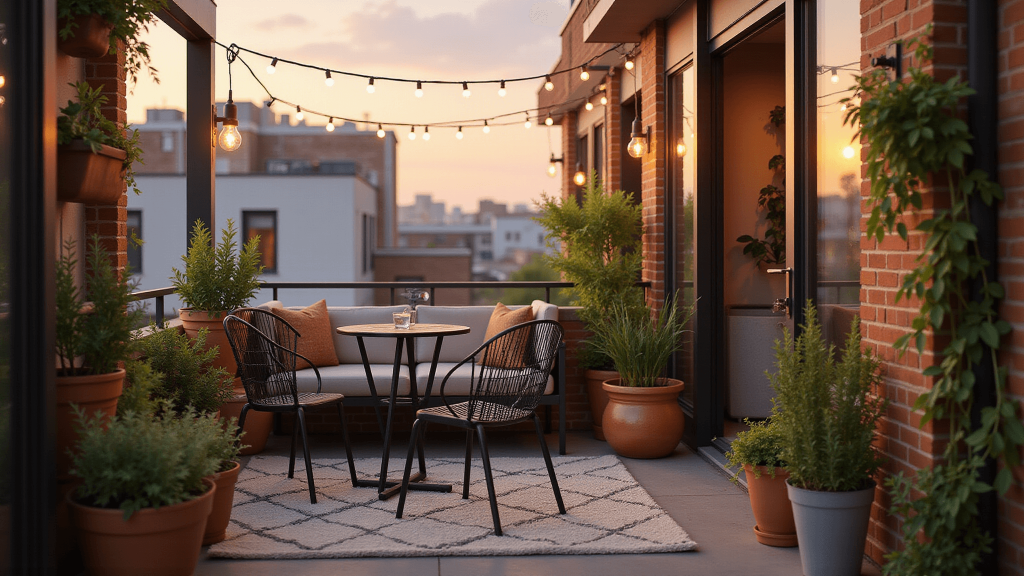 "Cozy urban balcony with bistro set, string lights, and vertical garden bathed in sunset glow"