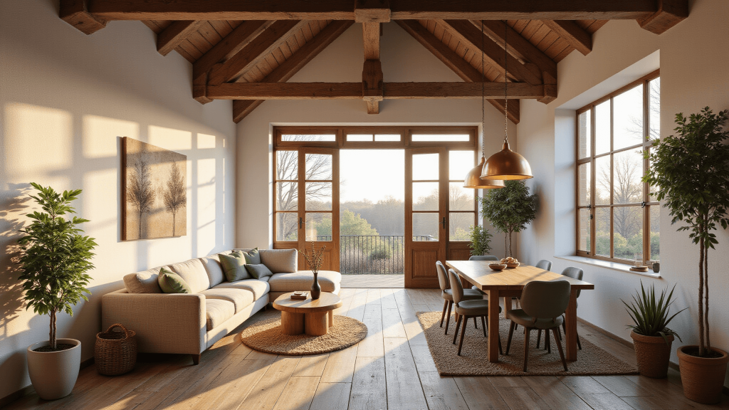 "Interior of a rustic barn with exposed oak beams, floor-to-ceiling windows, vintage pendant lights, and green accents during golden hour"