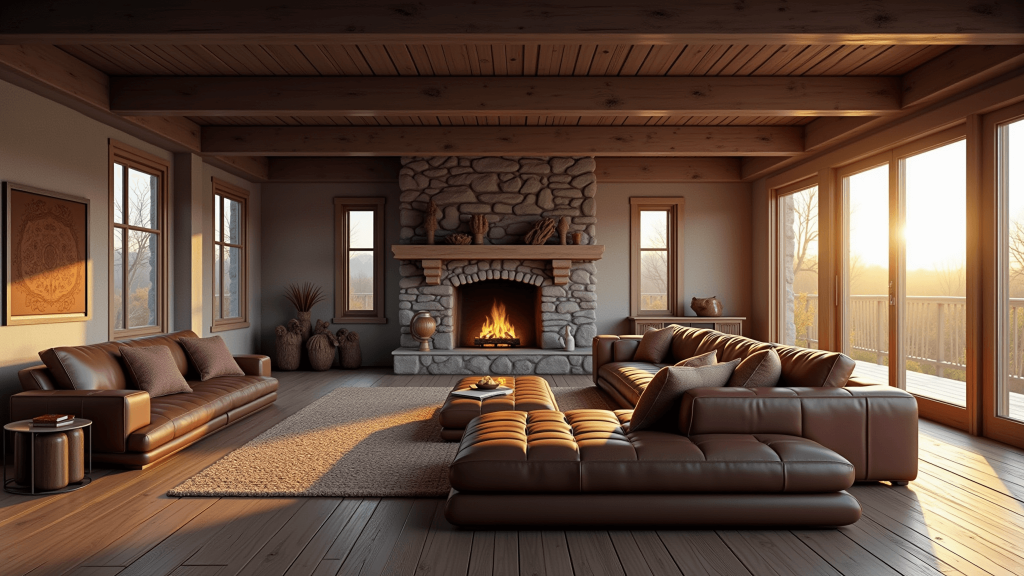 "Cozy cabin interior with leather sectional, stone fireplace, exposed beams and warm golden hour lighting"