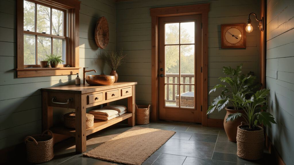 "Rustic cabin bathroom with sage green shiplap walls, wood vanity with copper sink, slate flooring, jute rug, and warm sunlight filtering through a frosted window"