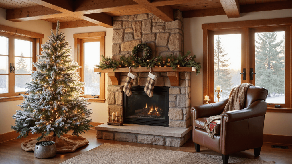"Cozy Christmas decorated living room with flocked tree, rustic beams, limestone fireplace, and warm sunlight."