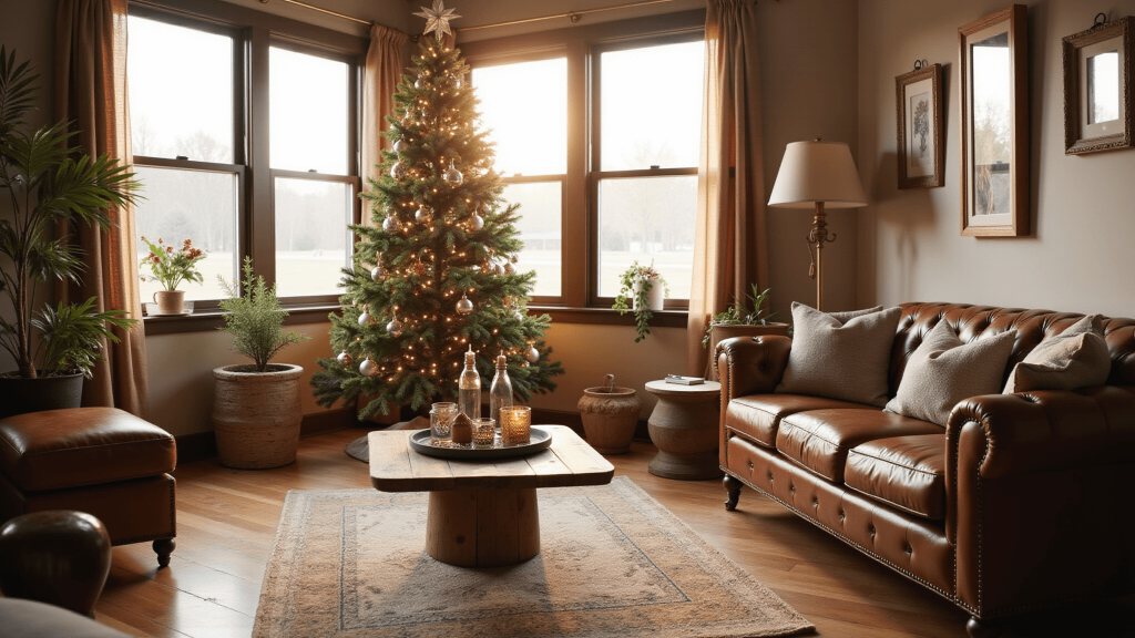 "Sunlit living room with rustic farmhouse decor, featuring a decorated Christmas tree, vintage leather sofa, and golden hour light streaming through the windows."