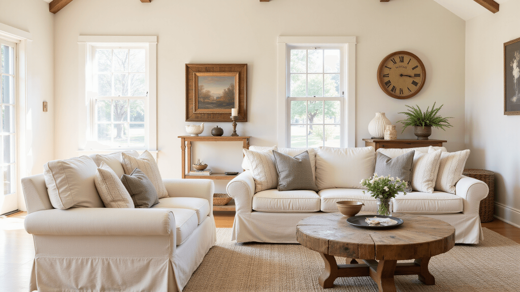 "Sunlit modern farmhouse living room with cream sofa and rustic wooden accents"