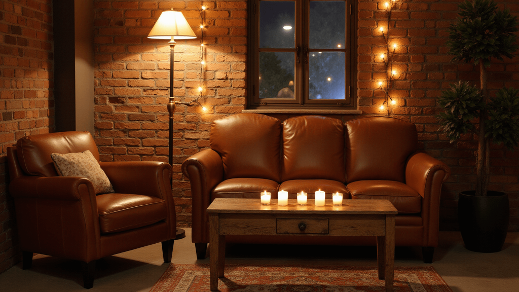 "A cozy living room at dusk featuring warm layered lighting, a leather armchair, brass lamp, string lights on brick walls, and candles on a reclaimed wood table"