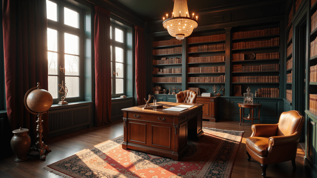 "Dark academia study room with mahogany desk, leather chair, antique globe, crystal chandelier, and golden hour lighting"