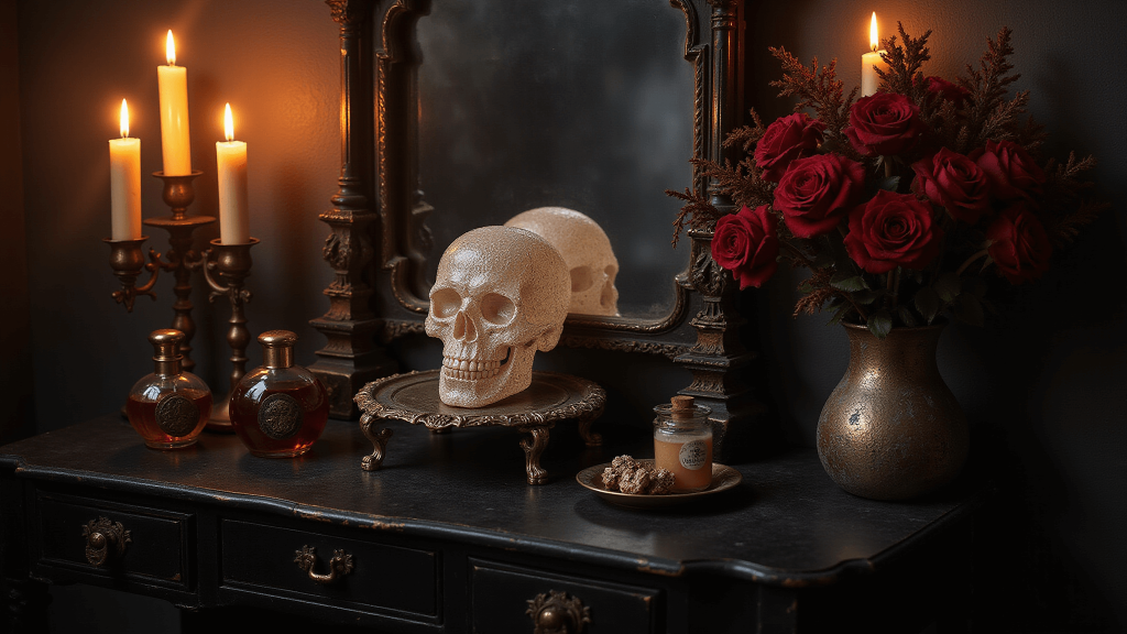 "Gothic boho bedroom with a Victorian vanity table, crystal skull, dried roses, and candlelight creating a moody atmosphere"