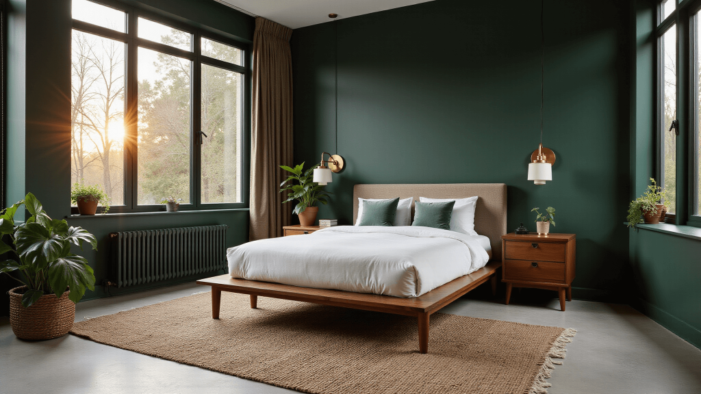 "Luxurious dark green bedroom with gold accents, white linen bed, wooden nightstands, and indoor plants"