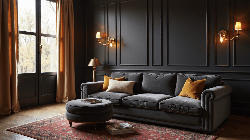 "Moody and luxurious interior with dark walls, velvet sofa, brass accents, and warm lighting"