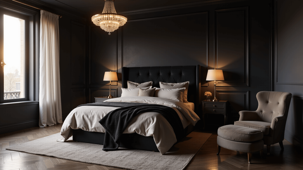 "Dreamy black bedroom interior with golden hour lighting, velvet upholstery, brass fixtures, and metallic accents"
