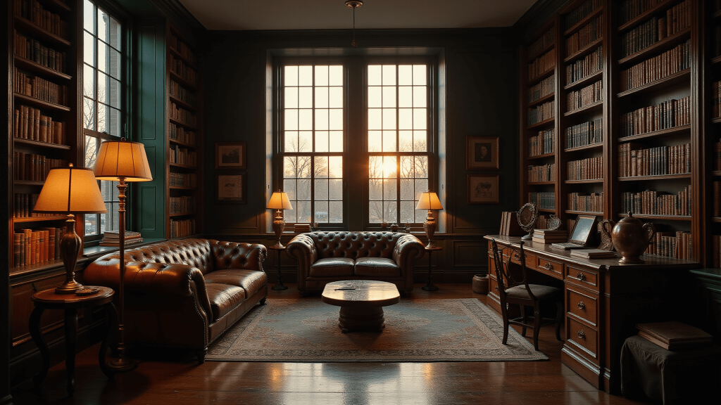 "Dramatic Victorian library with deep green walls, mahogany shelves, worn leather sofa, and golden hour light streaming through tall windows"