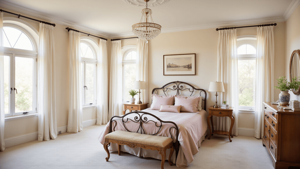"Dreamy feminine bedroom with blush silk bedding, an ornate iron bed, crystal chandelier, sheer white curtains, a vintage vanity, and warm golden sunlight streaming through French windows"