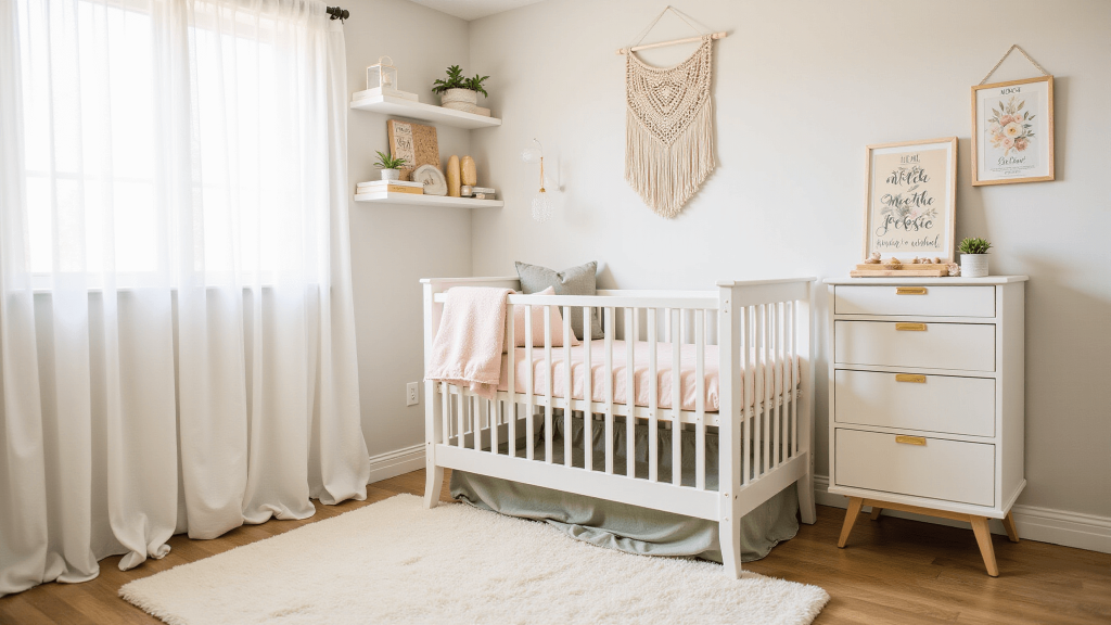 "Bohemian inspired nursery with white crib, pink bedding, sage accents, macramé wall decor, crystal mobile, and morning light filtering through sheer curtains"