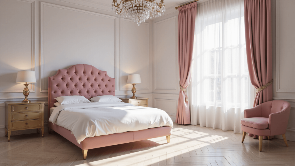 "Luxurious pink and white bedroom with velvet tufted bed, crystal chandelier, and sunlit herringbone floors"
