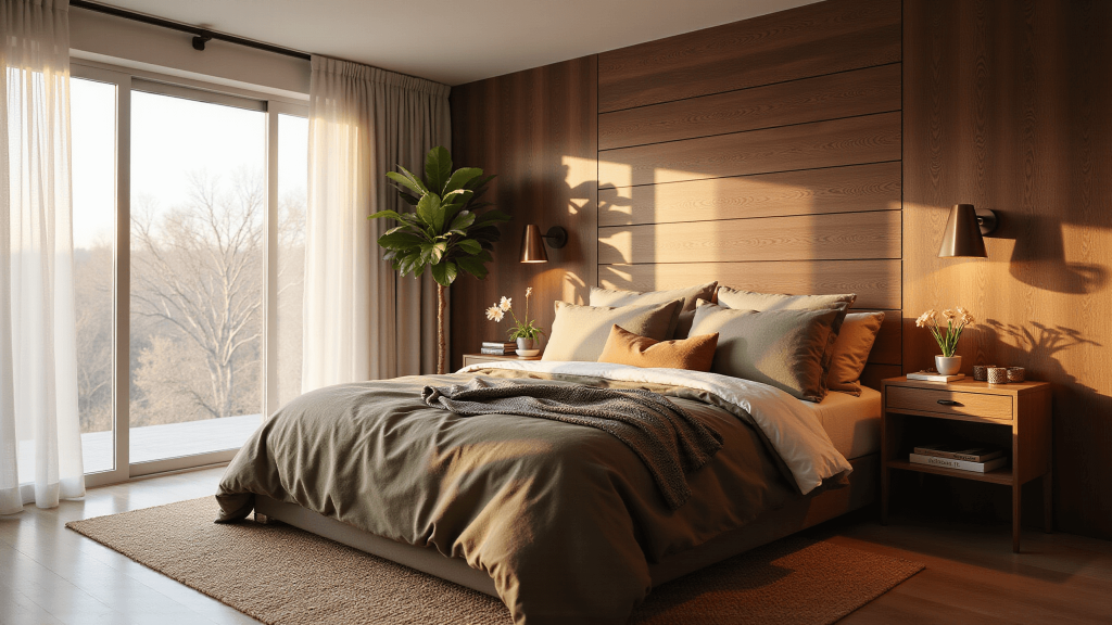 "Earthy modern bedroom with walnut accent wall, olive bedding, jute rug, fiddle leaf fig plant, brass sconces, and warm natural light."