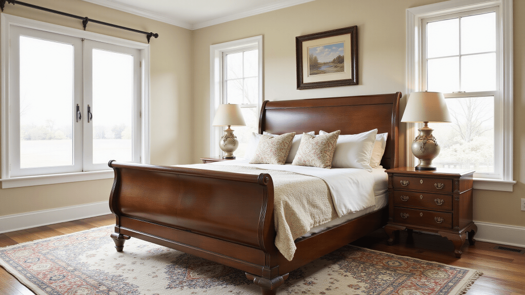 "Elegant timeless bedroom with cream walls, wooden sleigh bed, Persian rug, soft textures, and antique brass accents with morning light streaming through Georgian windows"