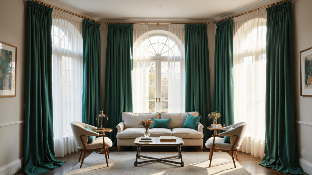 "Elegant living room with floor-to-ceiling emerald velvet curtains layered with sheer white panels, illuminated by natural sunlight"