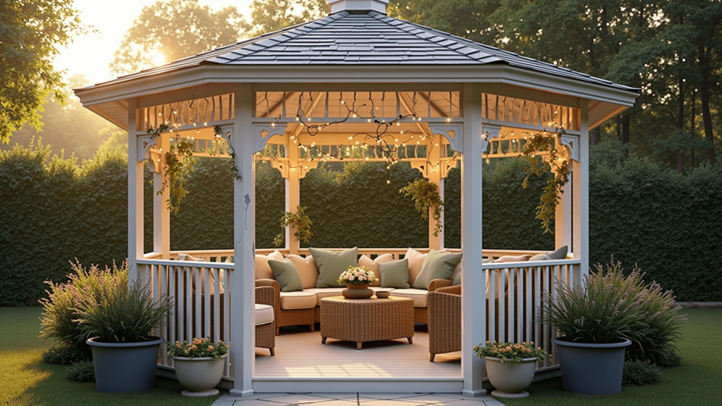 "Elegant octagonal gazebo illuminated by golden sunlight, featuring wicker furniture with sage cushions, string lights, and lush greenery"